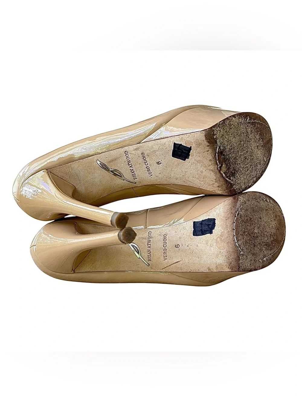 BRIAN ATWOOD Nude Patent Leather Platform Peep Toe Heels